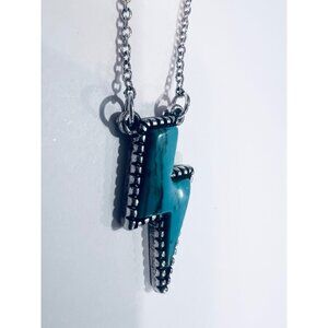 Lightning Bolt Pendant Necklace With Turquoise Inlay On Silver-Tone Chain